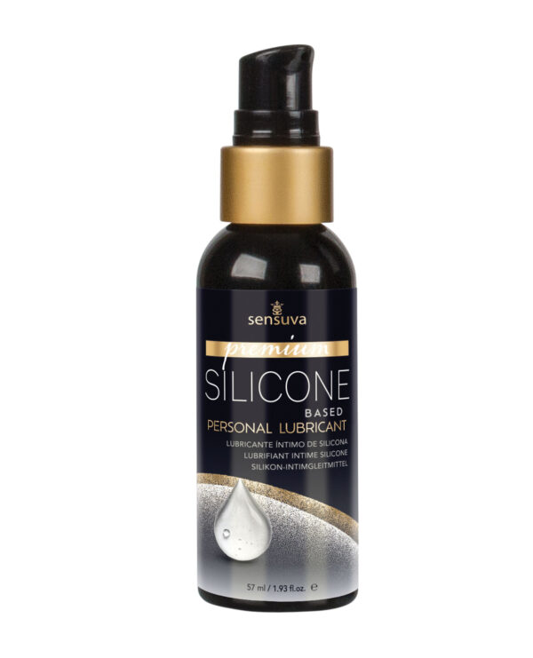 A 57 ml bottle of Sensuva's premium silicone-based personal lubricant, featuring a sleek design with a black and gold color scheme.