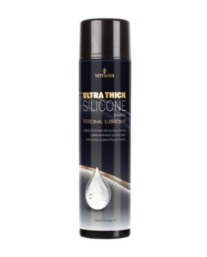 A bottle of Sensuva Ultra Thick Silicone-Based personal lubricant, 150 ml, featuring a sleek design with a drop of silicone on the label.