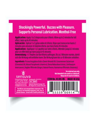 This image shows the backside of a personal lubricant product packaging with instructions and ingredients listed in multiple languages, a company logo, item number, barcode, and a disclaimer from the FDA. The text also highlights that the product is menthol-free and made in the USA.