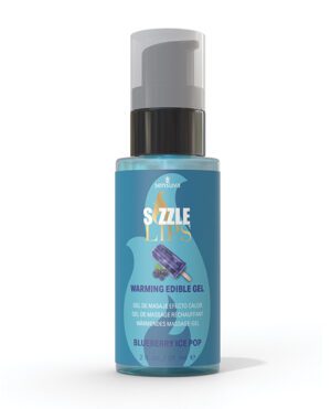 A bottle of Sensuva Sizzle Lips warming edible massage gel with blueberry ice pop flavor.