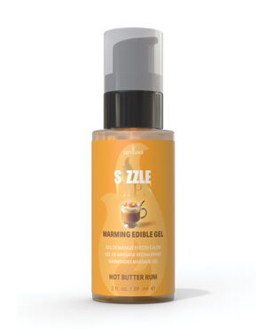 A bottle of Sizzle Lips warming edible gel in hot butter rum flavor