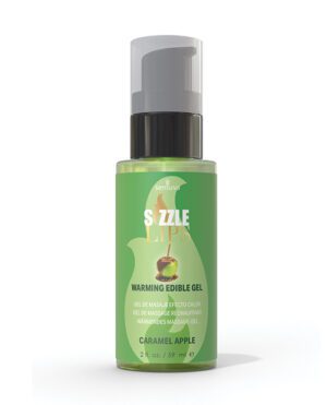 A bottle of Sizzle Lips Warming Edible Gel in Caramel Apple flavor displayed against a white background.