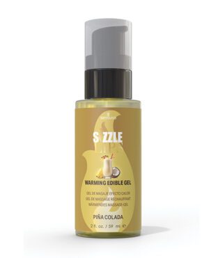 A bottle of Sizzle Piña Colada flavored warming edible massage gel.