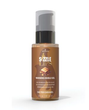 A bottle of "Sizzle Lips" salted caramel warming edible massage gel.