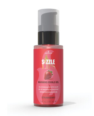 Bottle of Sizzle Lips warming edible gel with a strawberry design, promoting sensual experiences.