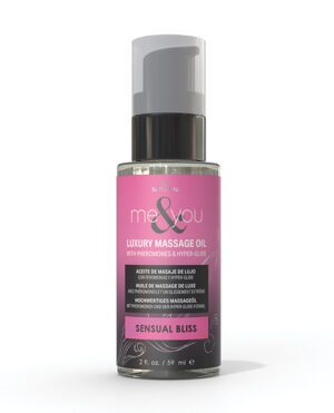 A bottle of "me&you" luxury massage oil with pheromones and hyper-glide on a white background.