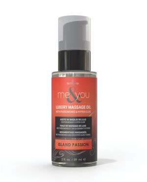 A bottle of Sensuva Me & You Luxury Massage Oil with Pheromones in 'Island Passion' scent on a white background.