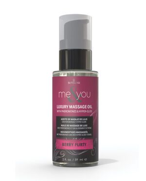 A bottle of Sensuva Me & You Luxury Massage Oil with Pheromones & Hyper-Glide, Berry Flirty scent.