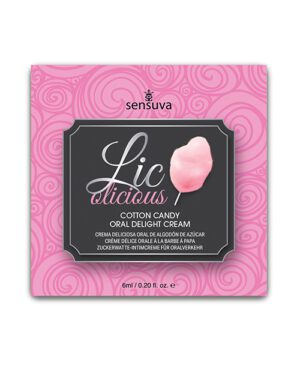 A pink and gray package of Sensuva Lic-O-Licious Cotton Candy Oral Delight Cream.