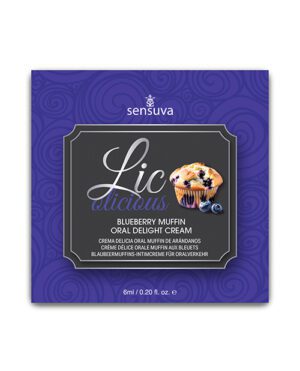 A product package of Sensuva's Lic-O-Licious Blueberry Muffin Oral Delight Cream.