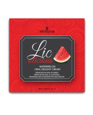 A packet of Sensuva Lic O Licious Watermelon Oral Delight Cream with a red and swirling pattern background and a watermelon slice illustration.