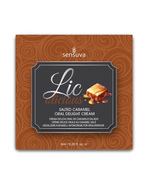 A product image of Sensuva's Lic-o-licious Salted Caramel Oral Delight Cream packaging.