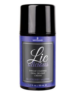 Product bottle of Sensuva Lic O Licious throat coating oral delight cream in Blueberry Muffin flavor, 1.7 fl. oz. or 50 ml size.