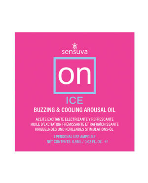 Packaging of Sensuva's On Ice Buzzing & Cooling Arousal Oil, featuring a vibrant pink background with product details in English and other languages.