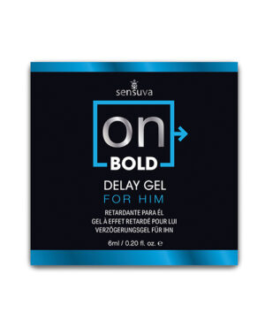 Product packaging of Sensuva On Bold Delay Gel designed for men, featuring a sleek black and blue design with clear text highlighting its purpose and size.