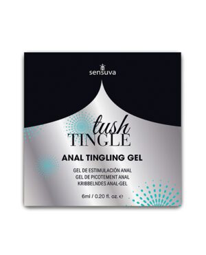 A product box for Sensuva Tush Tingle Anal Tingling Gel with brand logo and product description in multiple languages.