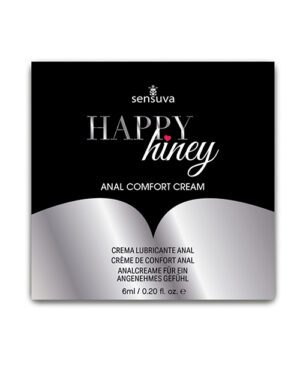 A product package for Sensuva's Happy Hiney Anal Comfort Cream with text in multiple languages