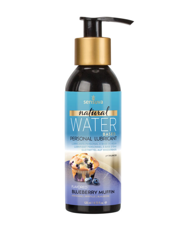 A sleek black bottle with a gold pump, labeled as Sensuva Natural Water-Based Personal Lubricant, flavored with blueberry muffin, featuring a graphic of a muffin and blueberries.