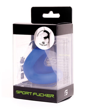 A blue silicone rugby ring packaged in a clear plastic box with black and green detailing, labeled 'SPORT F*CKER'.