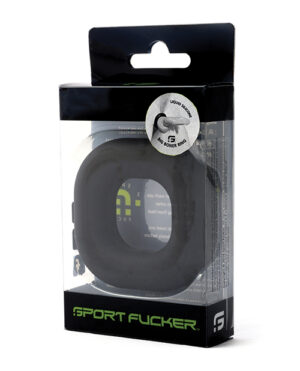 A transparent package containing a black liquid silicone cock ring, featuring product information and branding.