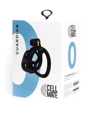 A detailed view of the packaging for the Cell Mate Guardian chastity device, showcasing the product design and branding elements.