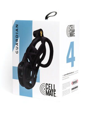 Cellmate Guardian Chastity Device::An image of the Cellmate Guardian chastity device in its packaging, showcasing the sleek black design and product branding.