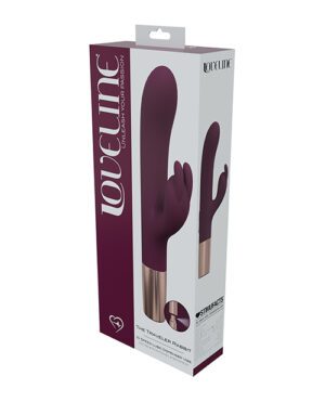 A product packaging of the 'Loveline' brand displaying 'The Traveler Flappy Rabbit', an adult pleasure device, in burgundy color, with a clear product image on the side of the box.