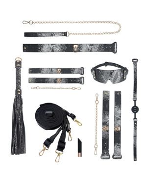 A variety of BDSM gear including a whip, collar, cuffs, blindfold, leash, and straps displayed on a white background.