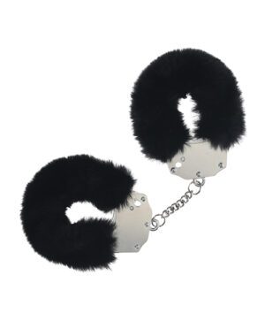 A pair of black furry handcuffs with a chain on a white background.