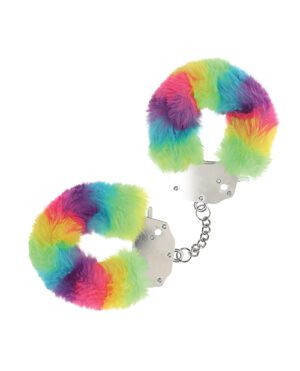 A pair of novelty handcuffs covered in rainbow-colored faux fur.