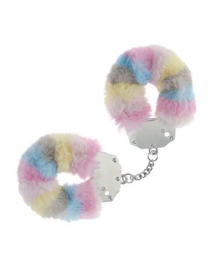 Pastel colored fur-lined handcuffs with a connecting chain, isolated on a white background.