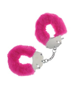 A pair of novelty pink furry handcuffs on a white background.