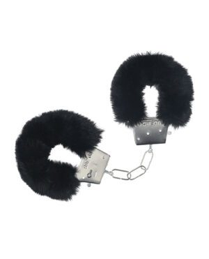 A pair of black furry handcuffs with metallic locks and chain on a white background.