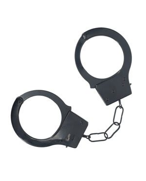 A pair of black metal handcuffs against a white background