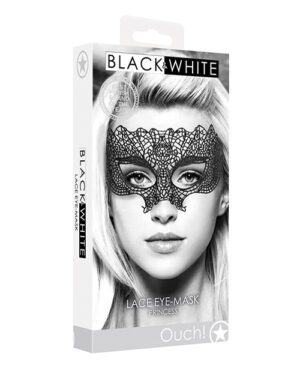 A stylish black and white packaging for a lace eye mask, featuring a model wearing the mask and the brand name "BLACK & WHITE" prominently displayed.