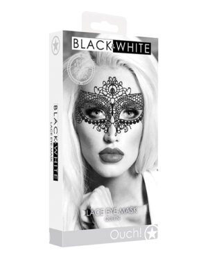 A stylish packaging featuring a black lace eye mask modeled by a woman with platinum hair, highlighted against a monochrome background.