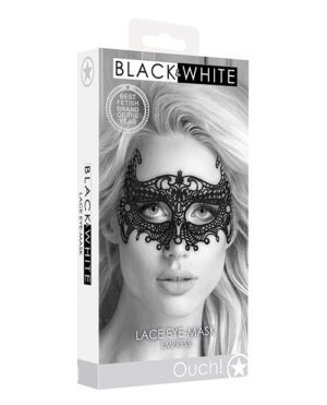 A sleek black and white packaging featuring a model wearing an elegant lace eye mask, showcasing the intricate design and branding elements.