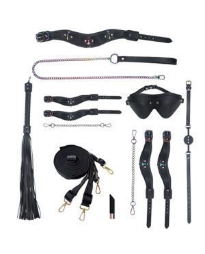 A variety of BDSM accessories including restraints, a blindfold, and a whip, isolated on a white background.