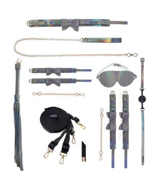 Assorted holographic fashion accessories including belts, a whip, bag strap, and glasses displayed against a white background.