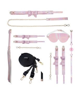 Various pink and lavender fashion accessories including belts, a chain, sunglasses, a whip, and a choker displayed on a white background.