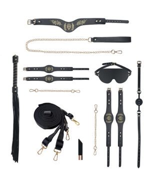 Various black bondage items including collars, whips, blindfold, and restraints displayed against a white background.