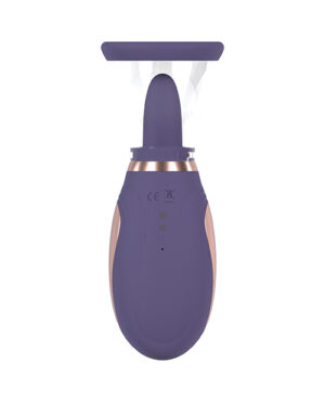 An isolated image of a modern, purple handheld steamer emitting steam from the nozzle, with visible control buttons and a bronze accent at the connection between the body and the head of the device.