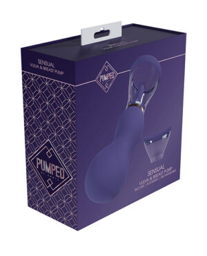 Product packaging for a "PUMPED Sensual Vulva & Breast Pump" with an image of the product, a suction pump, on the side. The package is purple with white and silver text and geometric patterns.
