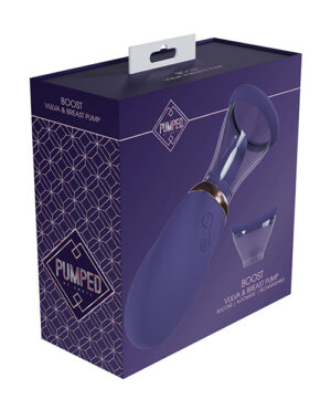 A product package for a "BOOST PUMPED" vulva and breast pump, showing an image of the device on the box which is purple with geometric patterns and product information.