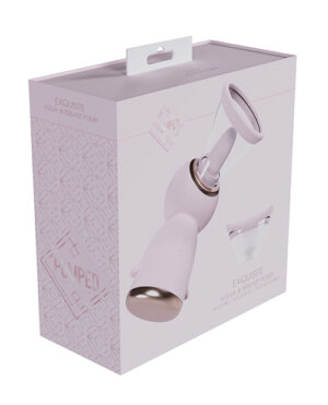 A pink and white product box for an "Exquisite Vulva & Breast Pump," with an image of the pump on the box front.