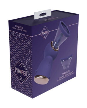 A product box for a purple "PUMPED Exquisite Vulva & Breast Pump" featuring an image of the device on the side of the box.