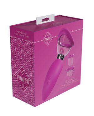 A product box for a Pumped brand Arousing Vulva & Breast Pump displayed against a white background.