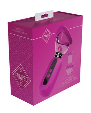 A pink product box for the Pumped Dazzling Vulva & Breast Pump with an image of the pump on the side.