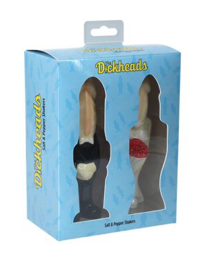 A novelty set of salt and pepper shakers called "Dickheads" in a blue packaging with a window display.