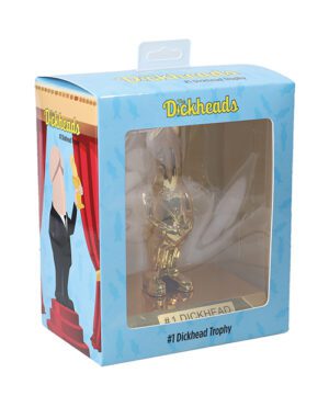A novelty trophy packaged in a blue box with clear plastic window, showing a gold-colored figurine. The box is labeled with "Dickheads" and "#1 Dickhead Trophy".